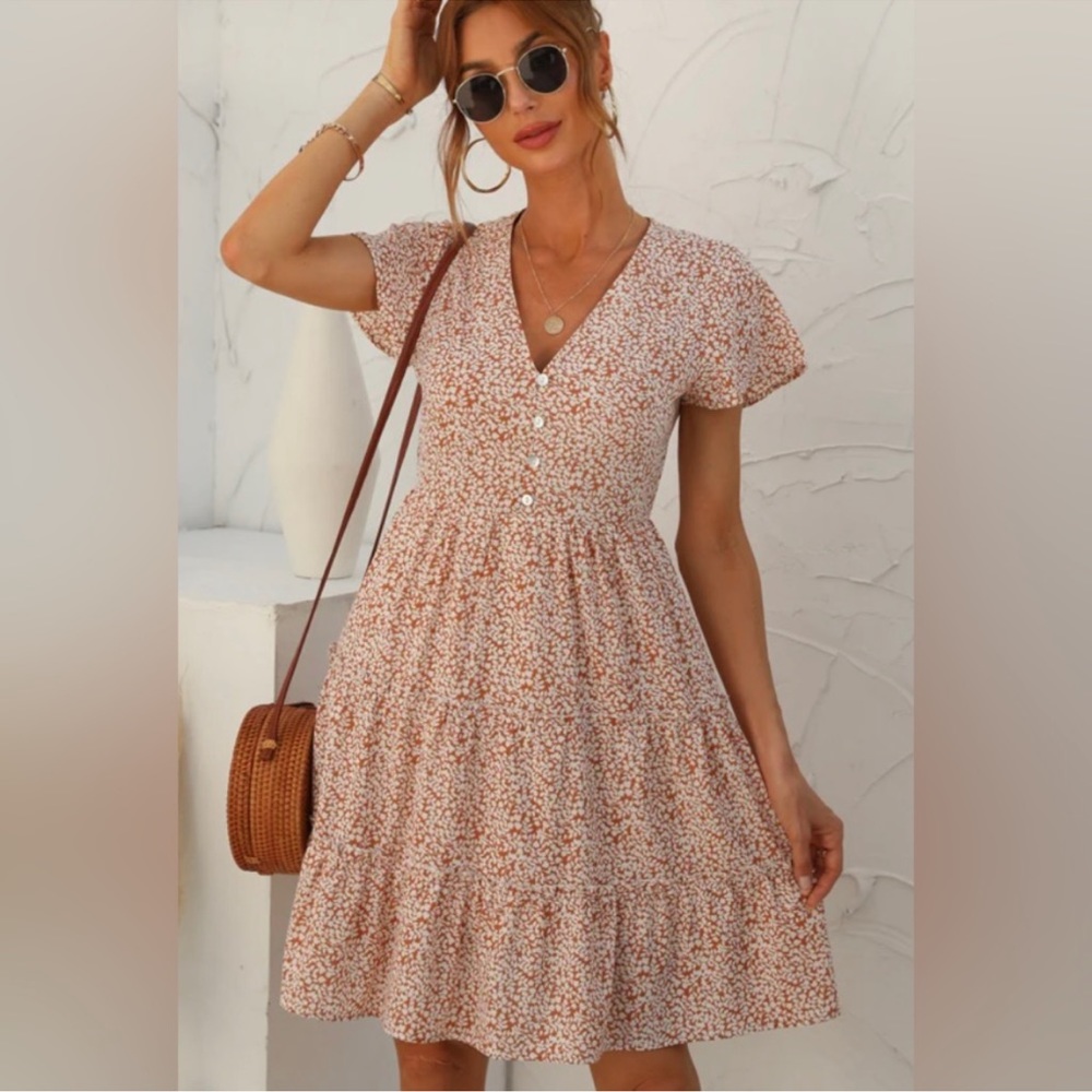 Petal & Pup Rushed Brown/Orange & Cream Colored Floral Dress 6